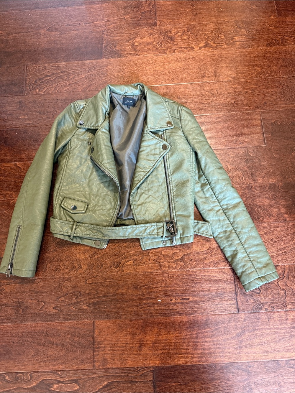 Olive Green Moto Jacket - Women's Cropped Faux Leather Biker Jacket